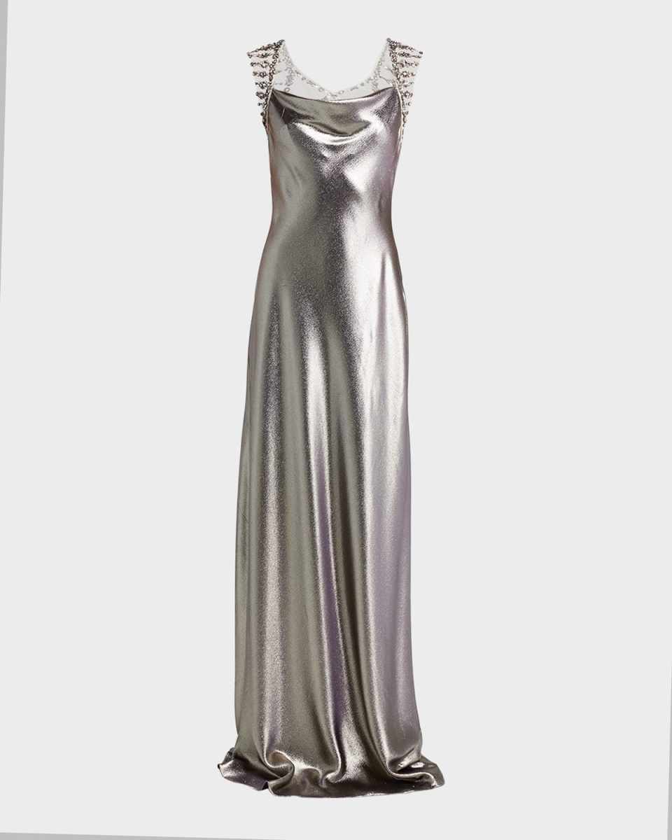 Crystal Open-Back Metallic Satin Sleeveless Gown